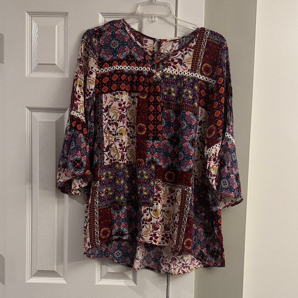 ODDY Patchwork Floral Tunic in Burgundy, Navy, and Cream